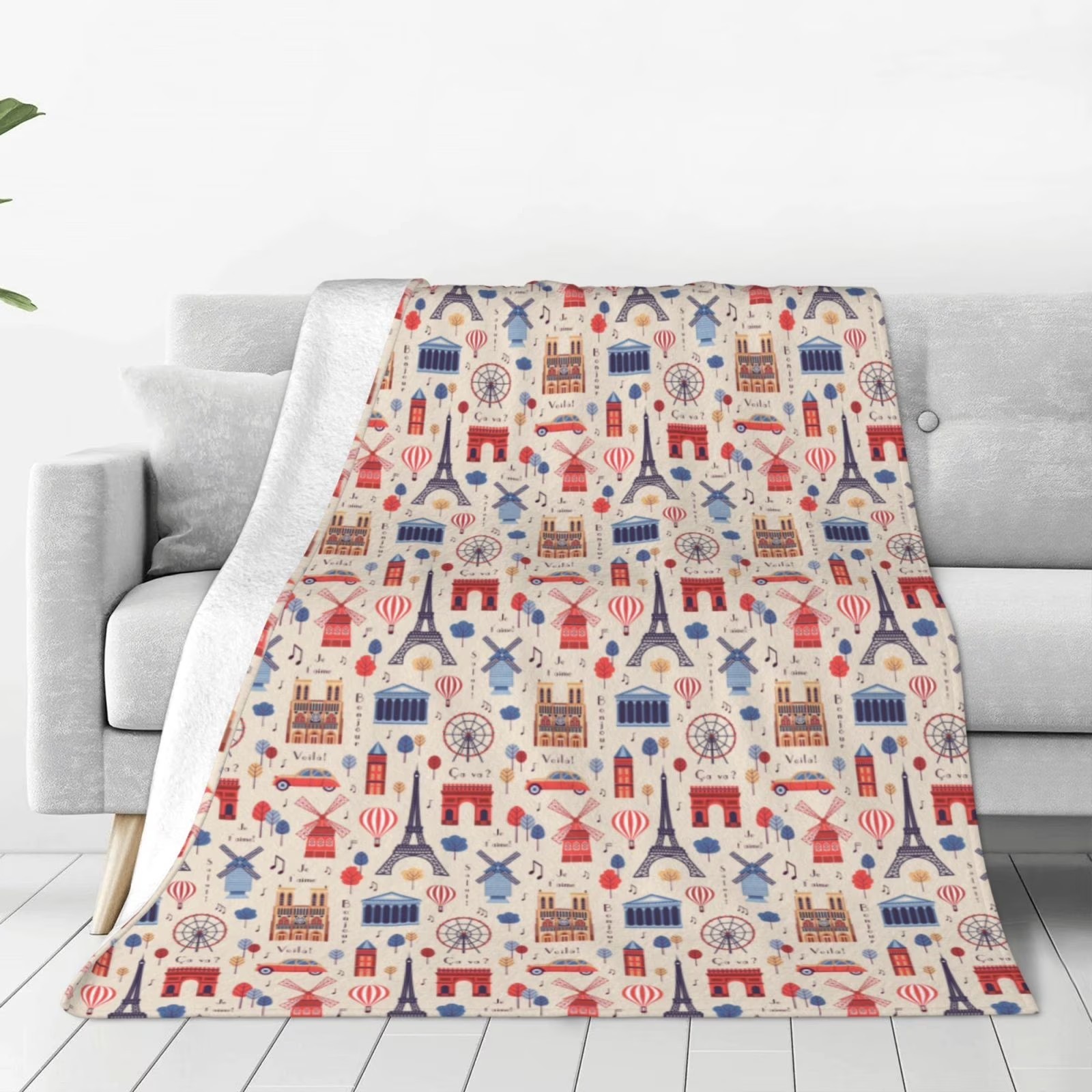 Home Textiles Paris - Плюшевый флисовый плед с принтом достопримечательностей